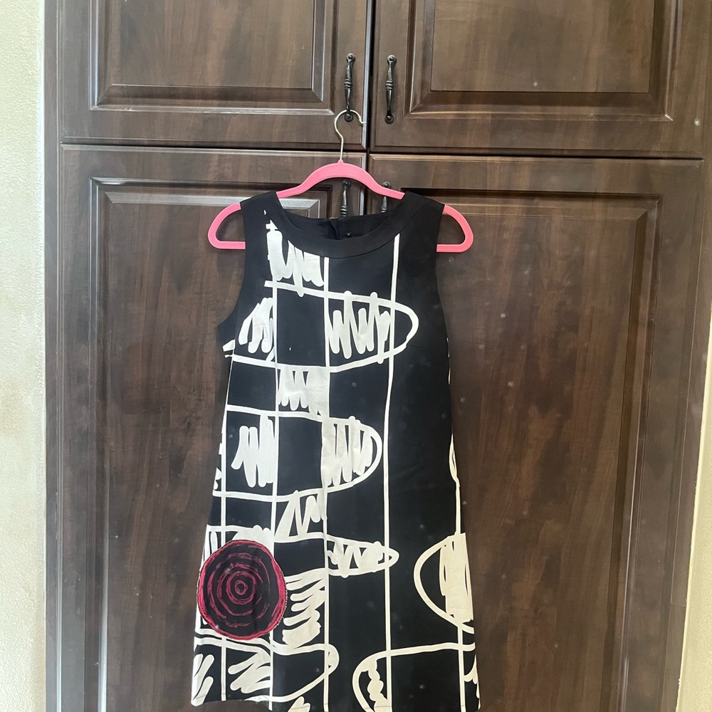 Desigual Black and White Geometric Dress with Red Accent